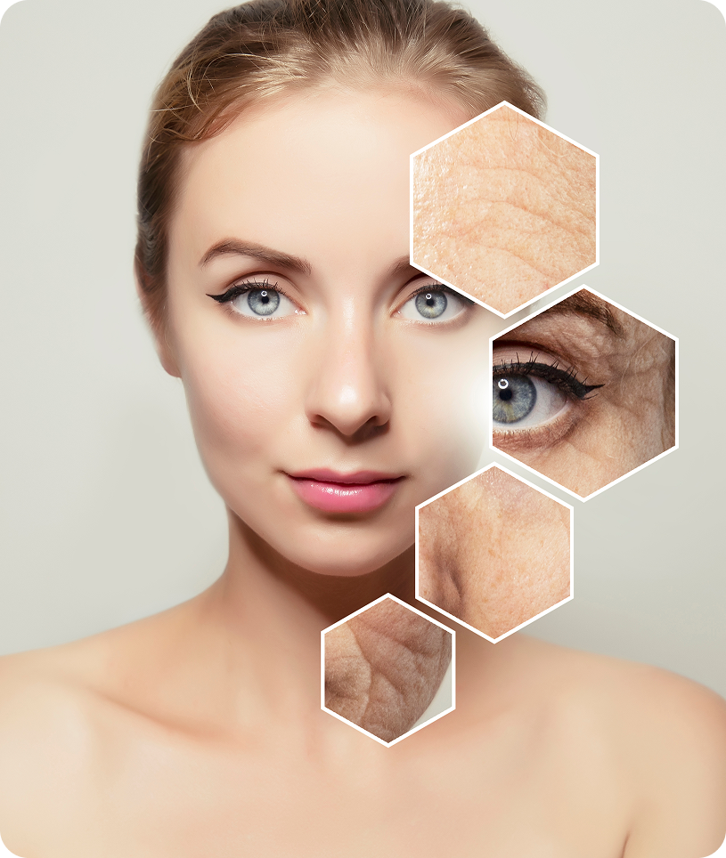 Woman's face with different skin tones, highlighting the benefits of skin rejuvenation