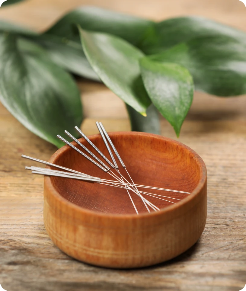 Wooden bowl filled with 10 needles sitting on top of a wooden table, with a plant in the background